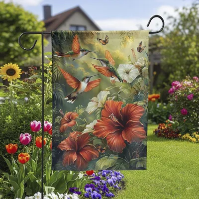 Hummingbird Garden Flag With Hibiscus Flowers, Tropical Butterfly Outdoor Decor, Summer Yard Banner, Vibrant Porch Flag, Gift For Her Vertical Garden Flag