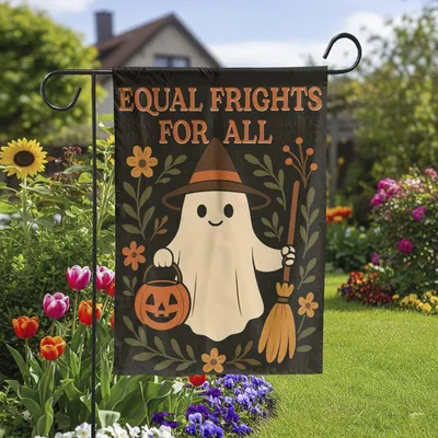 Garden Flag, Equal Frights For All, Cute Ghost Halloween Decor, Witch Hat Jack-O'-Lantern Banner, Retro Fall Yard Display Vertical Garden Flag
