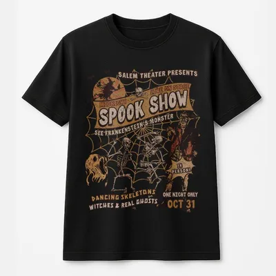 Spook Show T-Shirt, Vintage Halloween T-Shirt, Cult Classic Horror Night, Oversized Grunge Frankenstein Dancing Skeletons Top, Unisex Graphic T-Shirt