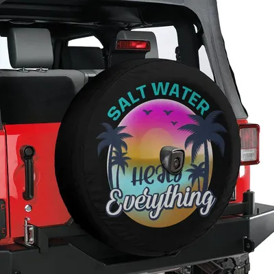Spare Tire Cover, Salt Water Heals Everything, Beach Sunset Palm Tree Graphic, Ocean Lover Wheel Protector, Universal Spare Tire Cover