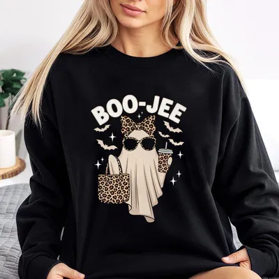 Boo-Jee Ghost Sweatshirt, Leopard Ghost Sweatshirt, Funny Ghost Coffee Sweatshirt, Cute Fall Top, Girly Halloween Graphic Sweatshirt
