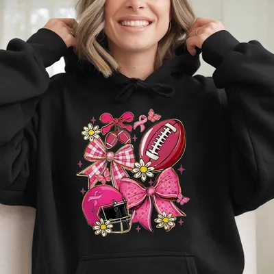 Breast Cancer Football Pink Out Hoodie Tackle Breast Cancer Hoodie Preppy Game Day Bow Gift For Women For Mom Womenswe