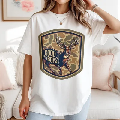 Good Ole Boys Outdoors T-Shirt Buck Deer Graphic With Camo Shield Southern Hunting T-Shirt For Country Men