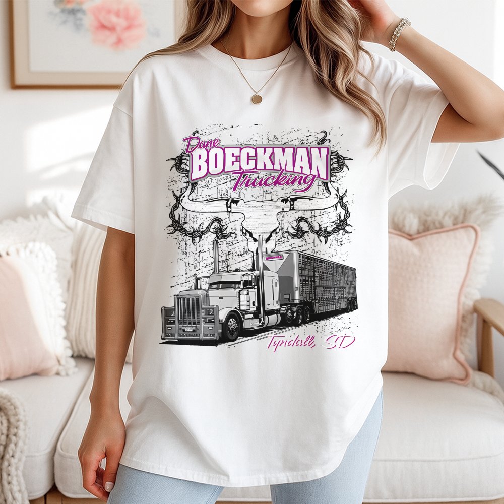 Livestock Hauler Trucking T-Shirt Western Skull Graphic Chrome Semi Trailer And Tyndall Sd Text Gift For Cattle Haulers