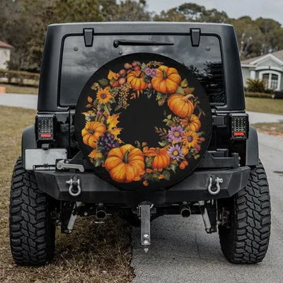 Fall Pumpkin Wreath Spare Tire Cover, Autumn Harvest Floral Graphic, Sunflower Gourd Wheel Protector, Thanksgiving Holiday Accessory Spare Tire Cover