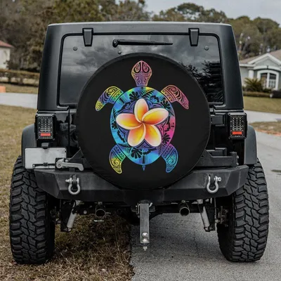 Hawaiian Turtle Mandala Spare Tire Cover - Colorful Ocean Plumeria Flower Art, Tropical Sea Life Graphic, Universal Waterproof Tire Protector Spare Tire Cover