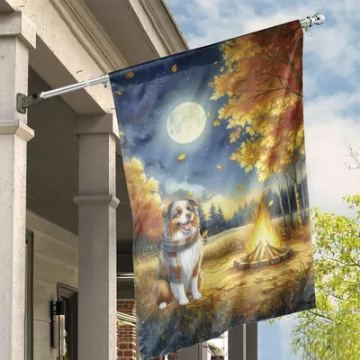 Autumn Campfire House Flag, Fluffy Dog With Scarf, Full Moon And Fall Trees, Cozy Outdoor Nighttime Banner Vertical House Flag