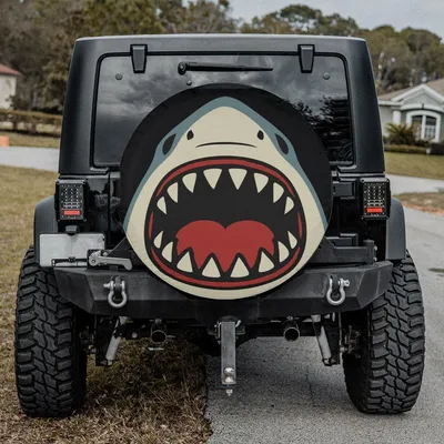 Spare Tire Cover, Shark Bite Design, Great White Jaws, Ocean Beach Theme, Backup Camera Hole Option, Full Color Print, Universal Fit Suv Gift Spare Tire Cover