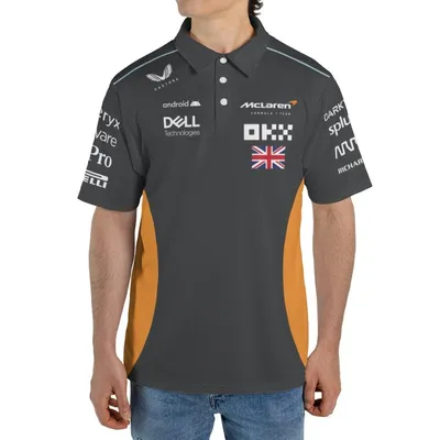 Mclaren F1 Team Polo, Sponsors & Union Jack Design, Papaya Black Racing Polo Shirt, Men'S Fan Gear