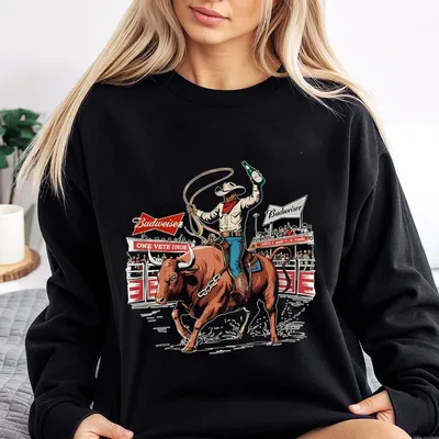 Colors Retro Budweiser Rodeo Sweatshirt,Bold Cowboy And Bull Riding Sweatshirt,Western Themed Beer Sweatshirt