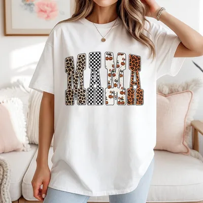 Halloween Mama T-Shirt Fall Pumpkin Leopard Print Pullover Trendy Checkerboard Mom T-Shirt Cute Spooky Season