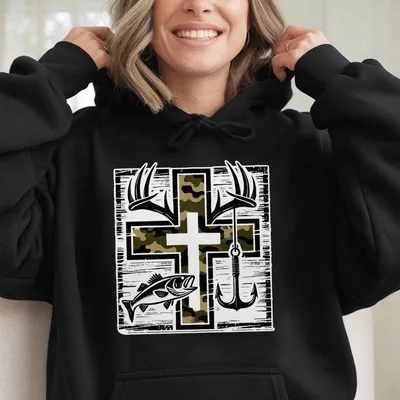 Camo Faith Hunting & Fishing Hoodie, Patriotic Outdoor Cross Hoodie With Antlers, Hook & Bass, Southern Christian Lifestyle Top For Men & Women