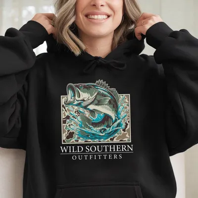 Wild Southern Outfitters Hoodie, Bass Splashing Graphic Hoodie, Camo Background Fishing Scene Hoodie