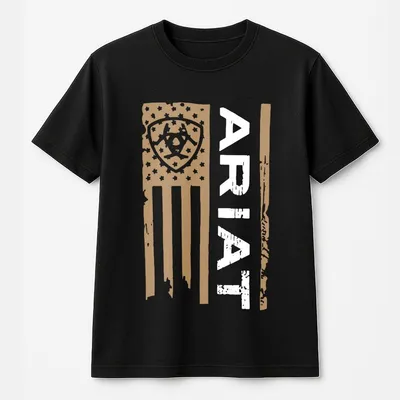 Ariat Men'S Black T-Shirt Flag Inspired Design With Bold Emblem Classic Active Style For Dark Heather & Hather Colors