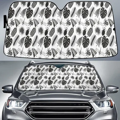Black And White Monstera Leaf And Classic Palm Leave Car Sun Shades Cover Auto Windshield PrintSyde