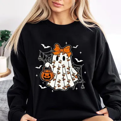 Cute Ghost Girl Halloween Sweatshirt Orange Bow Spooky With Pumpkin Lantern Fun Fall Outfit For Women And Teens