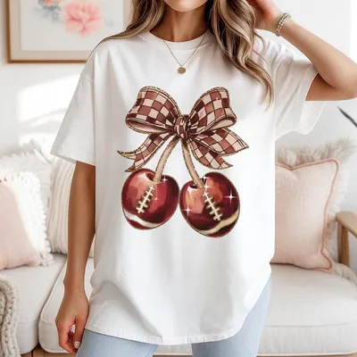 Cherry Football Checkered Coquette Bow T-Shirt Game Day T-Shirt Preppy Football T-Shirt Football Mama T-Shirt