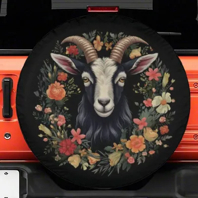 Spare Tire Cover, Goat Head Floral Wreath, Mountain Goat Animal Graphic, Waterproof Uv Protection, Universal Fit Spare Tire Cover