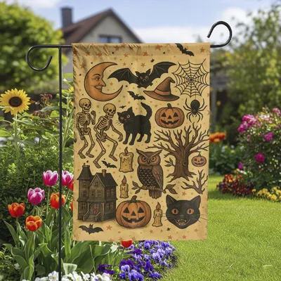 Retro Spooky Yard Decor With Skeletons, Black Cat, Pumpkins, Haunted House & Full Moon Illustration Vertical Garden Flag