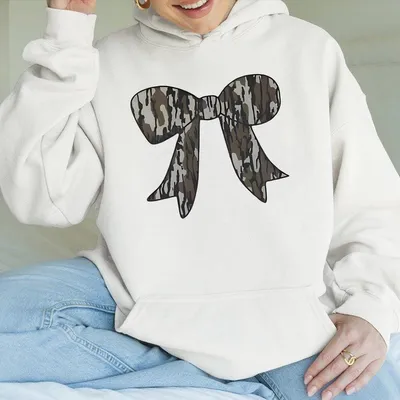 Camo Bow Hoodie Soft Cozy Unisex Fall Outfit For Women Men In Dark Heather Heather Colors Southern Country