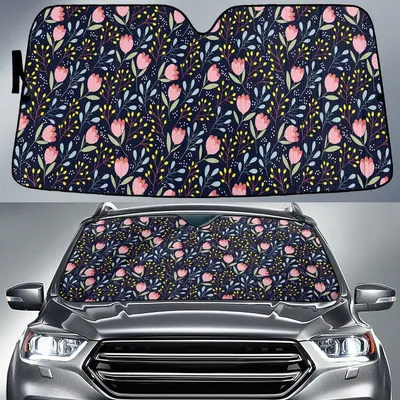 Pink Bush Lily Flower Tropical Theme Black Car Sun Shades Cover Auto Windshield PrintSyde