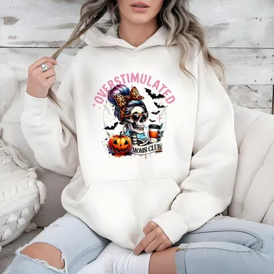 Overstimulated Moms Club Hoodie – Funny Coffee Skeleton Halloween Pullover for Moms