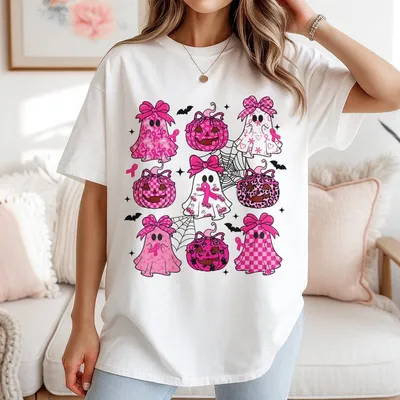 October We Wear Pink T-Shirt Breast Cancer T-Shirt Halloween Pink Ghost Coquette T-Shirt Preppy Pumpkin T-Shirt