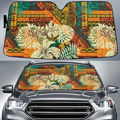 White Hawaiian Hibiscus Flower Over Vintage Aztec Skin Pattern Car Sun Shades Cover Auto Windshield PrintSyde