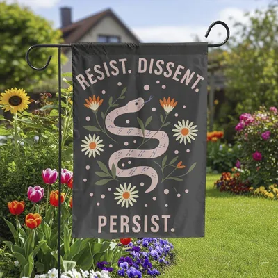 Vertical Garden - Resist Dissent Persist, Garden Flag, Feminist Empowerment Snake And Flower Design Vertical Garden Flag