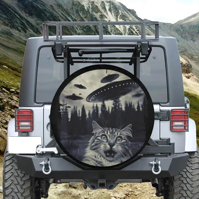 Funny Cat And Ufo Spare Tire Cover, Alien Abduction Design, Waterproof Durable Vinyl, Universal Fit For Suv Truck Rv Camper, Unique Gift Idea Spare Tire Cover