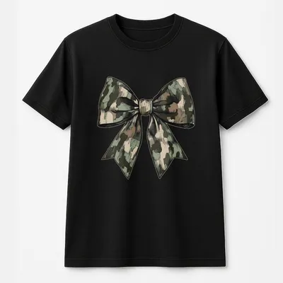 Cute Camo Bow T-Shirt For Women, Camouflage Graphic,Cozy Fall Hunting Style Top,Trendy Casual Outfit Gift For Her