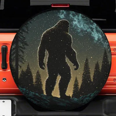 Bigfoot Sasquatch Spare Tire Cover, Full Moon Forest Design, Waterproof Universal Fit, Mountain Yeti Mystery, Wildlife Vehicle Accessory Spare Tire Cover