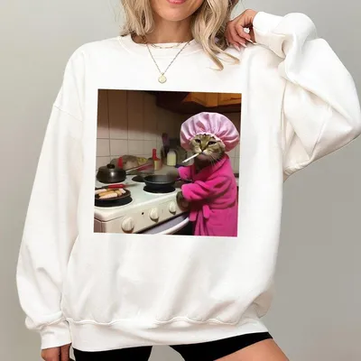 Funny Cooking Cat Sweatshirt Sassy Cat In Pink Robe Graphic Quirky And Humorous Casual Sweatshirt For Cat Lovers