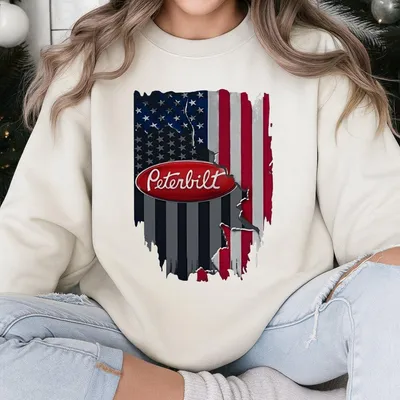 Peterbilt American Flag Trucker Sweatshirt, Premium Menswear, Patriotic Semi Truck Prints For Drivers & Fans, Classic Unisex Top
