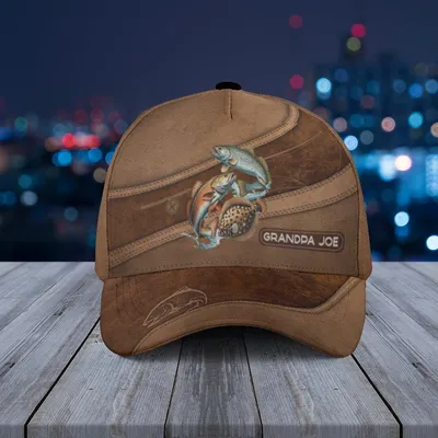 Trout Fishing Baseball Cap Brown Leather Texture Personalized Grandpa Joe Gift Baseball Cap