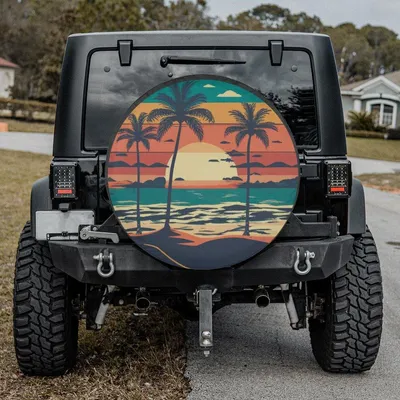 Aesthetic Tropical Spare Tire Cover, Retro Style Ocean Beach Wheel Protector, All Weather Outdoor Dustproof Cover Spare Tire Cover