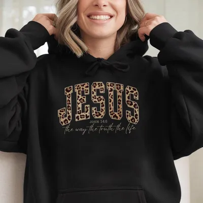 Christian Jesus Hoodie, Cheetah Print Bible Verse Hoodie, Trendy Faith Apparel Gift, Jesus Loves You, The Way The Truth