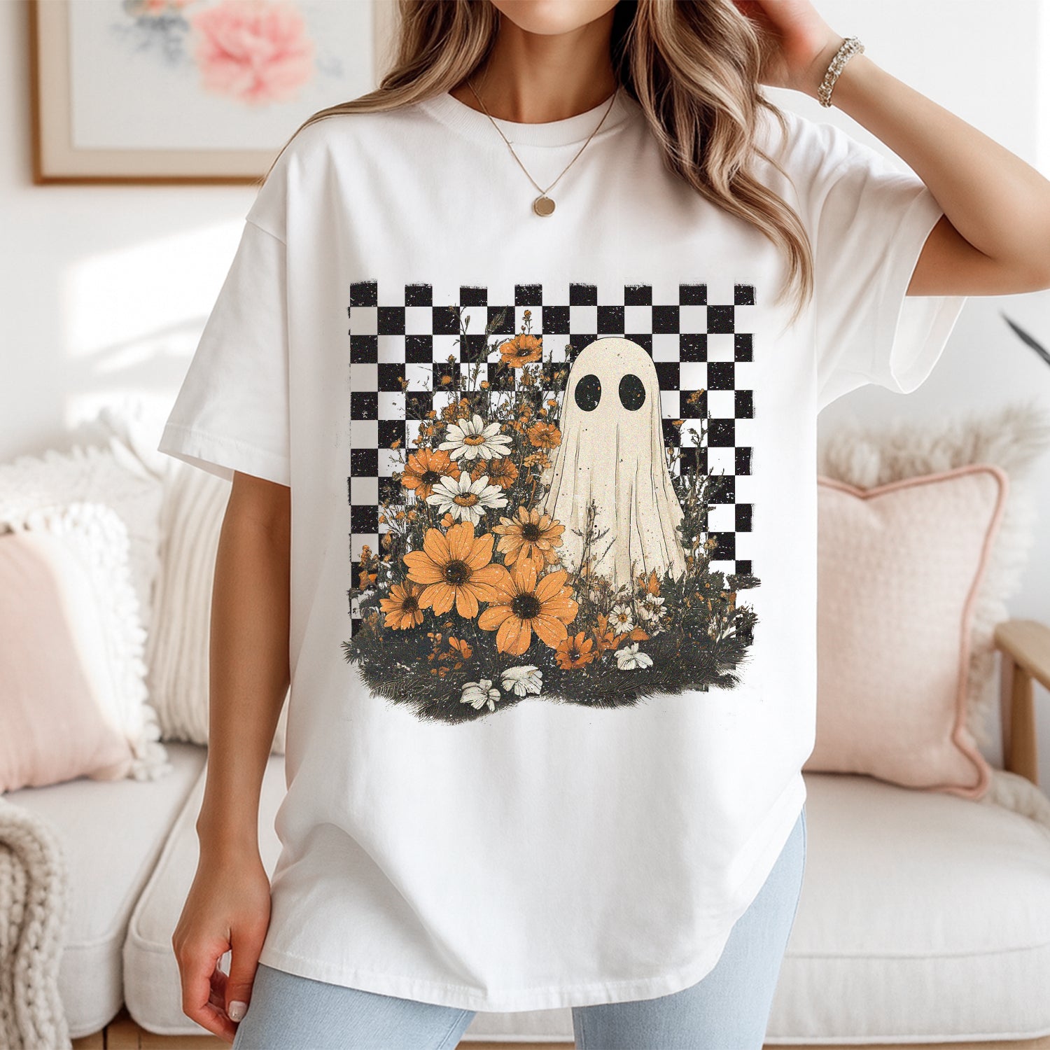 Ghost Floral Checkered Shirt – Cute Halloween Graphic Tee