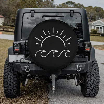 Spare Tire Cover, Waves Tire Cover, Minimalist Waves And Sun Spare Tire Cover, Girl, Accessories, Beach Vibe Spare Tire Cover