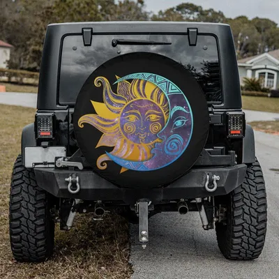 Sun And Moon Duality Square Tire Cover, Cosmic Celestial Art Spare Tire Cover
