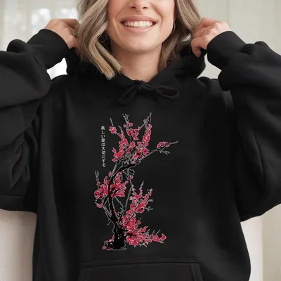Floral Pullover Hoodie Japanese Cherry Blossom Casual Streetwear Hoodie For Daily Outdoor Wear Blossom Japanese Anim