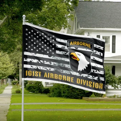 101st Airborne House Flag, Screaming Eagle Emblem With Black And White American Flag, Bold Yellow Military Division Design Horizontal House Flag