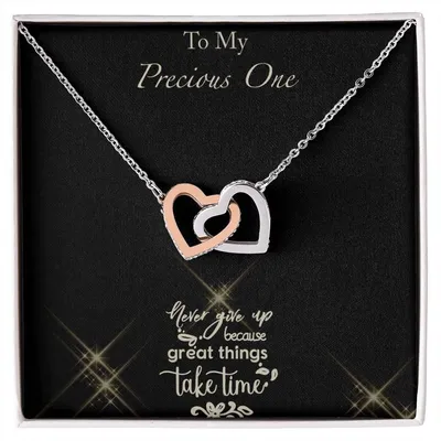 Never Give Up - Black Background Interlocking Hearts Necklace