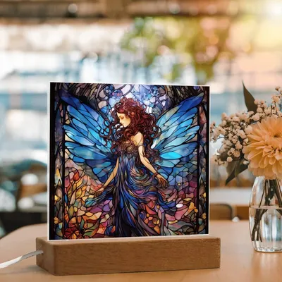 Fairy Faux Stained Glass Acrylic - For Fantasy Lover Gift Winged Fairy Nightlight - Acrylic Square Plaque