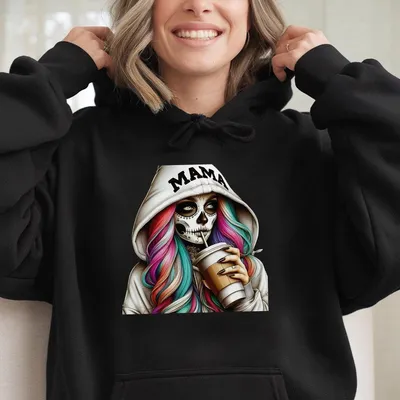 Coffee Lover Mama Spooky Skeleton Halloween Graphic Hoodie,Trendy Unisex For Moms,Pumpkin Spice Season
