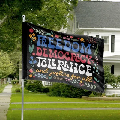 Freedom Democracy Tolerance And Justice For All Horizontal House Flag , Equality Love Peace Floral Patriotic Inspirational Decorative Banner Horizontal House Flag