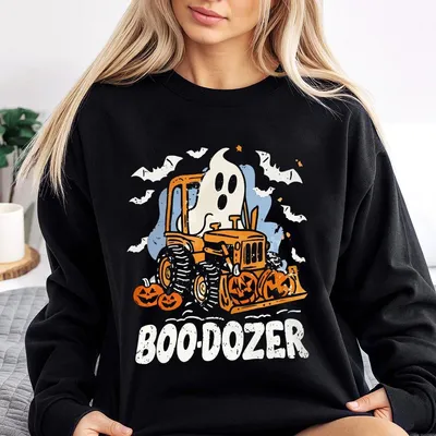 Halloween Party Sweatshirt Funny Ghost Boo Dozer Graphic Sweatshirt Cute Pumpkin Bat Print Cozy Fall Spooky Season Top