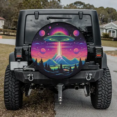 Spare Tire Cover, Retro Neon Ufo Alien Abduction, Vaporwave Mountain Landscape, Backup Camera Hole Option, Universal Fit For Car Truck Suv Spare Tire Cover