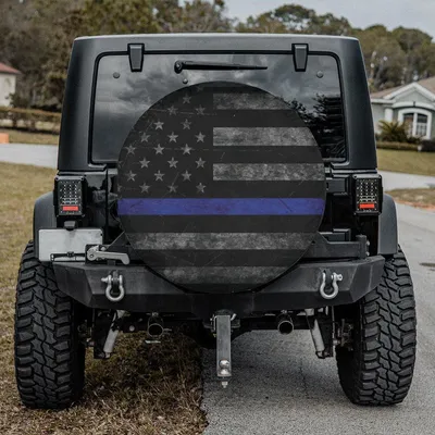 Thin Blue Line American Flag Spare Tire Cover, Subdued Patriotic Design, Police Support Wheel Cover, Law Enforcement Pride Camping Accessory Spare Tire Cover