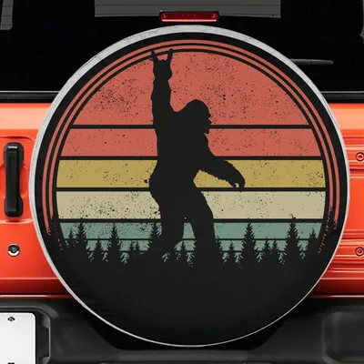 Bigfoot'S Salute Spare Tire Cover, Funny Sasquatch Rock On Hand, Retro Sunset Forest Silhouette, Off-Road Adventure Accessory, Universal Fit Suv Spare Tire Cover